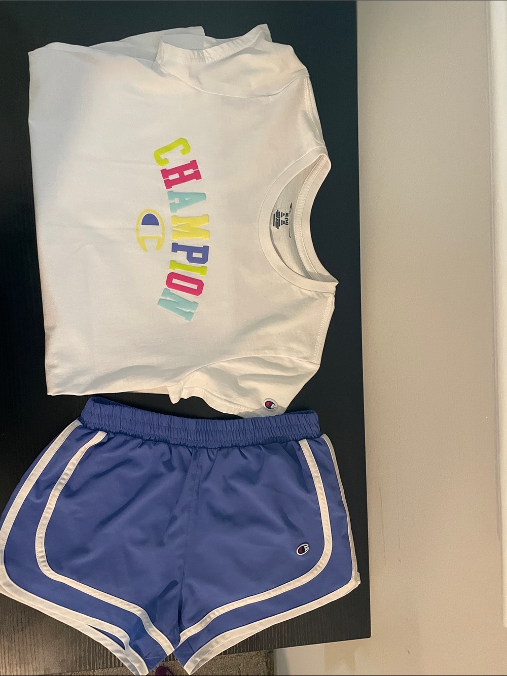 Champion White Tee with Multi-Color Logo & Blue Athletic Shorts